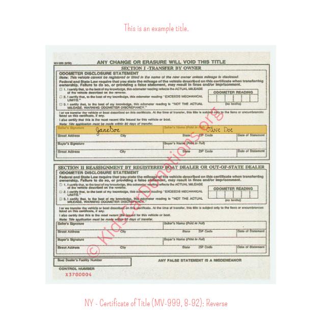 This is an Example of New York Certificate of Title (MV-999, 8-92) Reverse View | Kids Car Donations